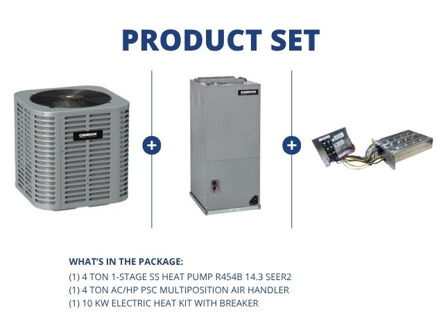 4 Ton 1-Stg SS Heat Pump R454B 14.3 SEER2, 4 Ton AC/HP PSC Multiposition Air Handler with 10KW Heat