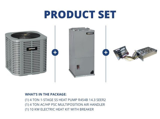 4 Ton 1-Stg SS Heat Pump R454B 14.3 SEER2, 4 Ton AC/HP PSC Multiposition Air Handler with 10KW Heat