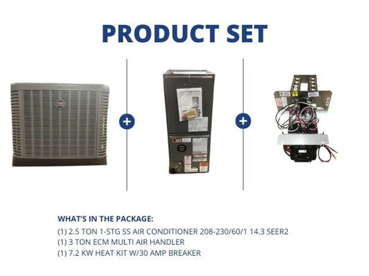2.5 Ton 1-Stg SS AC R410A 14.3 SEER2, 3 Ton Multi Air Handler and 7.2 kW Heat Kit w/30 Amp Breaker