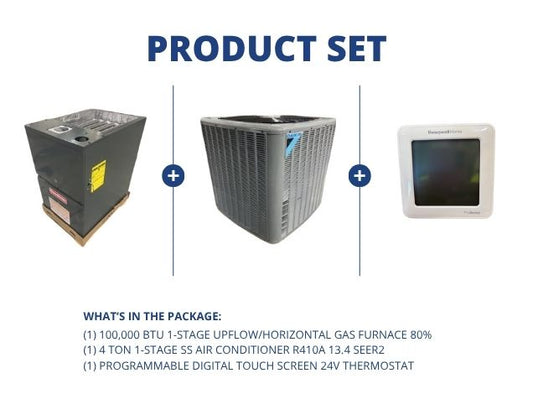 100,000 BTU 1-Stg Up/Horz ECM Gas Furnace 80%, 4 Ton 1-Stg SS AC R410A 13.4 SEER2 and 24V Thermostat