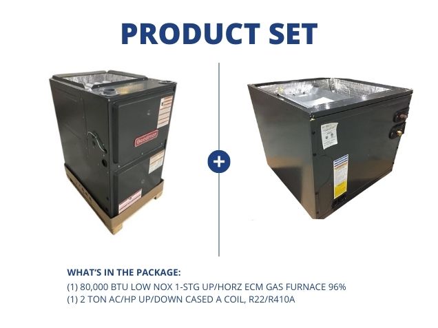 80,000 BTU Low NOx 1-Stg Up/Horz ECM Gas Furnace 96% and 2 Ton AC/HP Up/Down Cased A Coil, R22/R410A