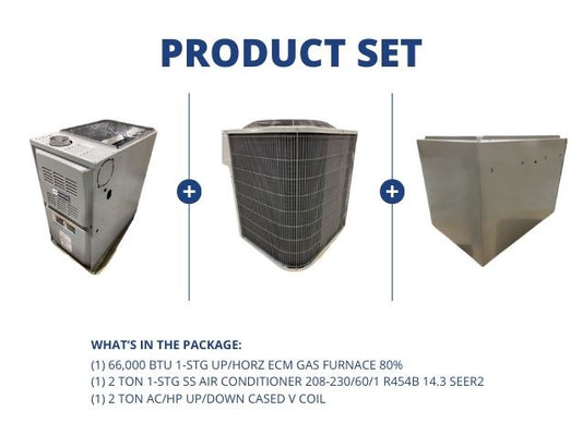 66,000 BTU 1-Stg Up/Horz Gas Furnace 80%, 2 Ton 1-Stg SS AC 14.3 SEER2, 2 Ton Up/Down Cased V Coil