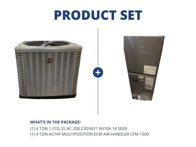 4 Ton 1-Stg SS AC 208-230/60/1 R410A 14 SEER with 4 Ton AC/HP Multiposition ECM Air Handler CFM 1600