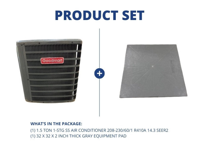 1.5 Ton 1-Stg SS Air Conditioner 208-230/60/1 R410A 14.3 SEER2 and 32" x 32" x 2" Gray Equipment Pad