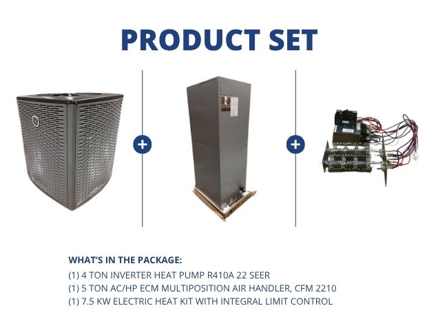 4 Ton Inverter HP R410A 22 SEER, 5 Ton AC/HP ECM Multiposition Air Handler and 7.5 KW Heat, 240/60/1