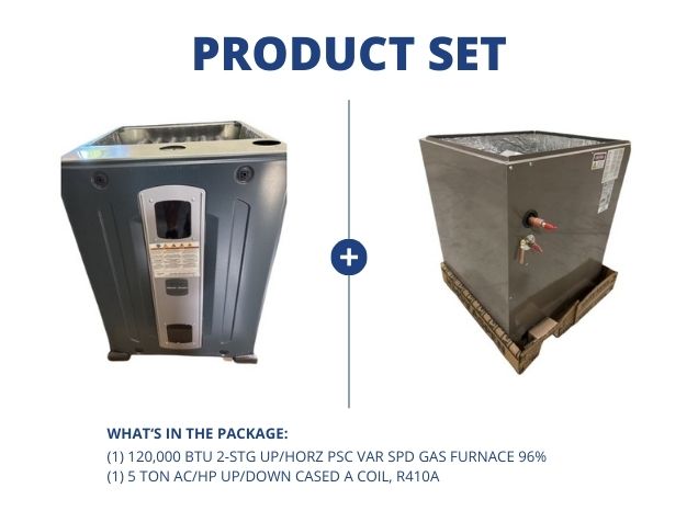 120,000 BTU 2-Stg Up/Horz PSC Var Spd Gas Furnace 96% with 5 Ton AC/HP Up/Down Cased A Coil, R410A