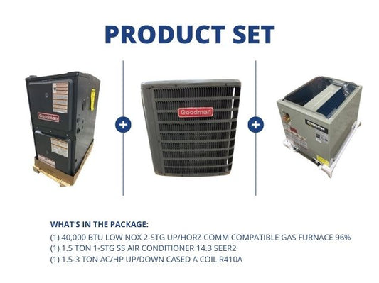 40,000 BTU Low NOx Comm Comp ECM Gas Furnace 96%, 1.5 Ton AC 14.3 SEER2 and 1.5-3 Ton Up/Down A Coil