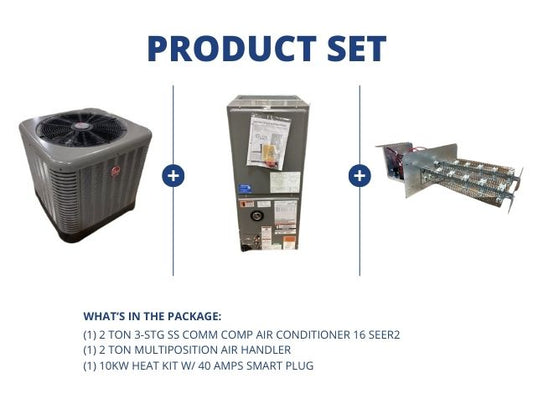 2 Ton 3-Stg SS Comm Comp AC 16 SEER2, 2 Ton ECM Multi Air Handler, 10Kw Heat w/40 Amps Smart Plug