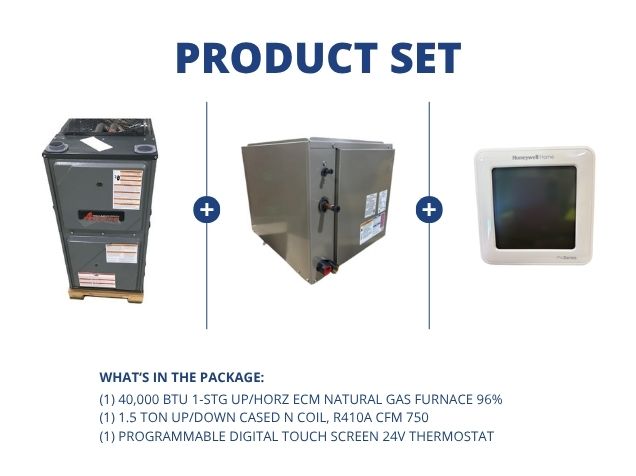40,000 BTU 1-Stg Up/Horz Natural Gas Furnace 96% and 1.5 Ton Up/Down Cased N Coil and 24V Thermostat