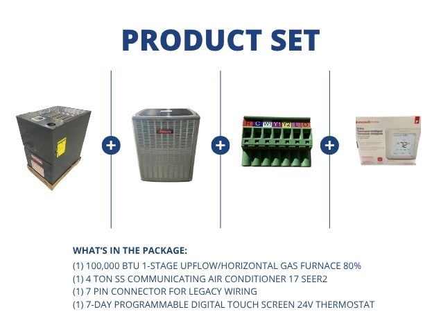 100,000 BTU Up/Horz Gas Furnace 80%, 4 Ton SS Comm AC 17 SEER2, 7 Pin Connector and 24 V Thermostat