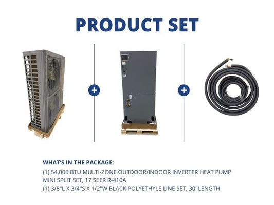 54,000 BTU Multi-Zone Outdoor/Indoor Inverter Heat Pump Mini Split Set, 17 SEER R-410A with Line Set