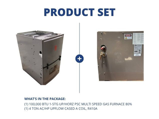 100,000 BTU 1-Stg Up/Horz ECM Multi Speed Gas Furnace 80% and 4 Ton AC/HP Upflow Cased A Coil, R410A