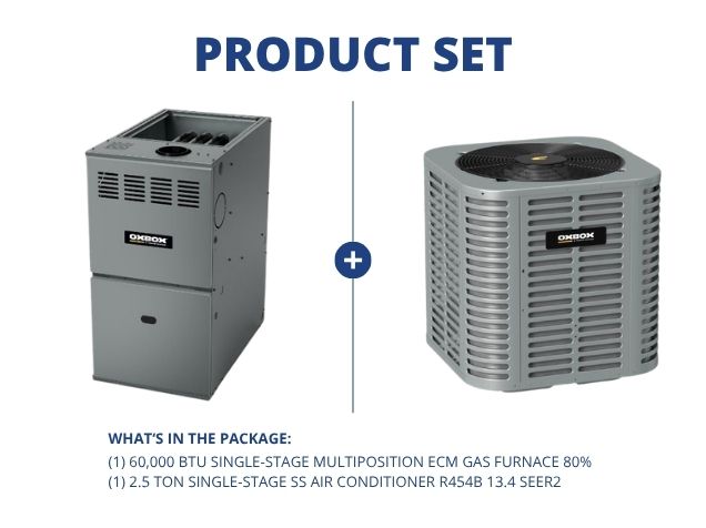 60,000 BTU 1-Stg Multiposition ECM Var Spd Gas Furnace 80% with 2.5 Ton 1-Stg SS AC R454B 13.4 SEER2