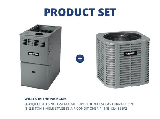 60,000 BTU 1-Stg Multiposition ECM Var Spd Gas Furnace 80% with 2.5 Ton 1-Stg SS AC R454B 13.4 SEER2