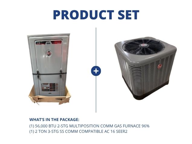 56,000 BTU 2-Stg Multiposition Comm Gas Furnace 96% with 2 Ton 3-Stg SS Comm Compatible AC 16 SEER2