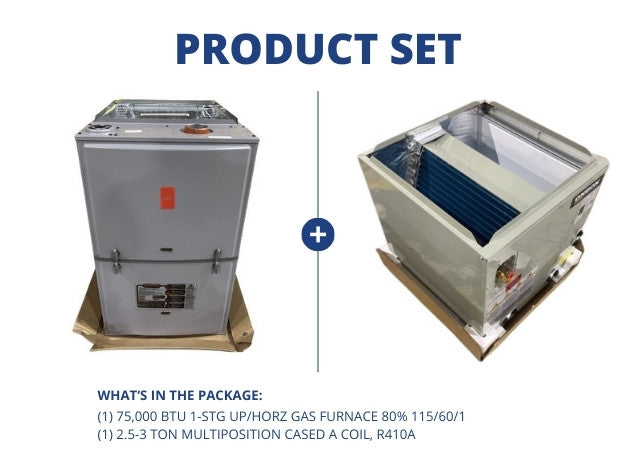 75,000 BTU 1-Stg Up/Horz Gas Furnace 80% 115/60/1 with 2.5-3 Ton Multiposition Cased A Coil, R410A