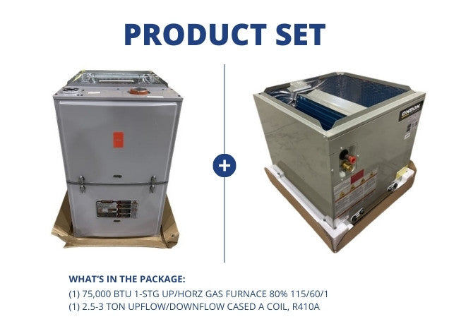 75,000 BTU 1-Stg Up/Horz Gas Furnace 80% 115/60/1 with 2.5-3 Ton Upflow/Downflow Cased A Coil, R410A
