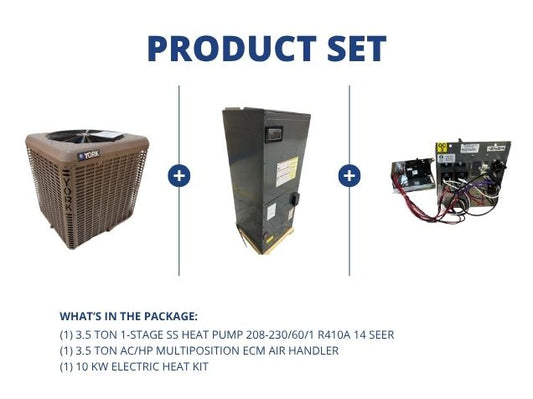 3.5 Ton 1-Stage SS Heat Pump R410A 14 SEER, 3.5 Ton Multiposition ECM Air Handler and 10 kW Heat Kit