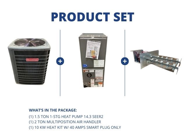 1.5 Ton 1-Stg HP R410A 14.3 SEER2, 2 Ton AC/HP ECM Multi Air Handler, 10Kw Heat 40A Smart Plug Only