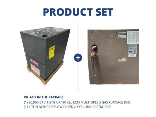 80,000 BTU 1-Stg Up/Horz ECM Multi Speed Gas Furnace 80% and 4 Ton AC/HP Upflow Cased A Coil, R-410A