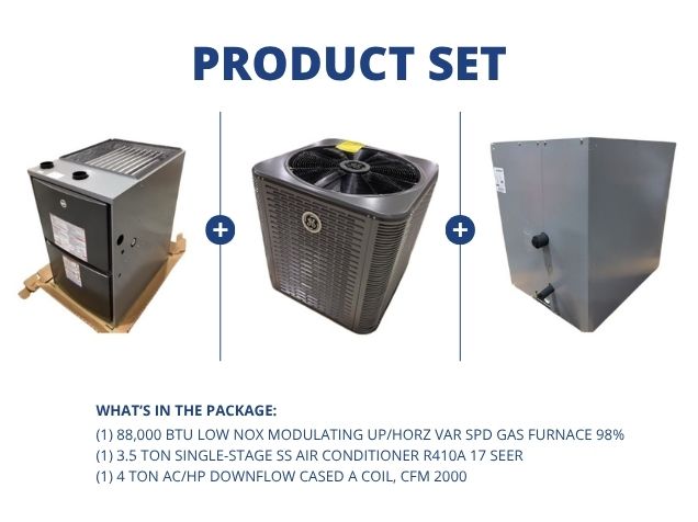 88,000 BTU Low NOx Mod Up/Horz Gas Furnace 98%, 3.5 Ton AC R410A 17 SEER and 4 Ton Down Cased A Coil