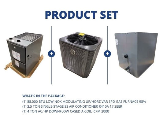 88,000 BTU Low NOx Mod Up/Horz Gas Furnace 98%, 3.5 Ton AC R410A 17 SEER and 4 Ton Down Cased A Coil