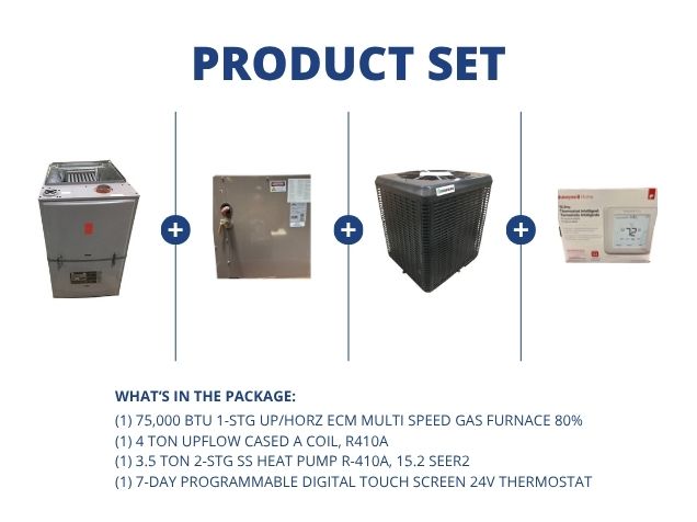 75,000 BTU Up/Horz Gas Furnace 80%, 4 Ton Upflow Coil, 3.5 Ton SS HP 15.2 SEER2 with 24V Thermostat