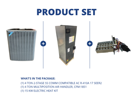 4 Ton 2-Stage SS Comm Compatible AC R-410A 17 SEER2, 4 Ton Multiposition Air Handler with 15 KW Heat