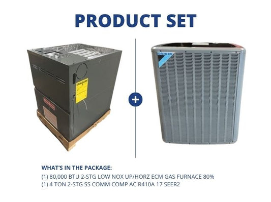 80,000 BTU 2-Stg Low Nox Up/Horz ECM Gas Furnace 80% with 4 Ton 2-Stg SS Comm Comp AC R410A 17 SEER2