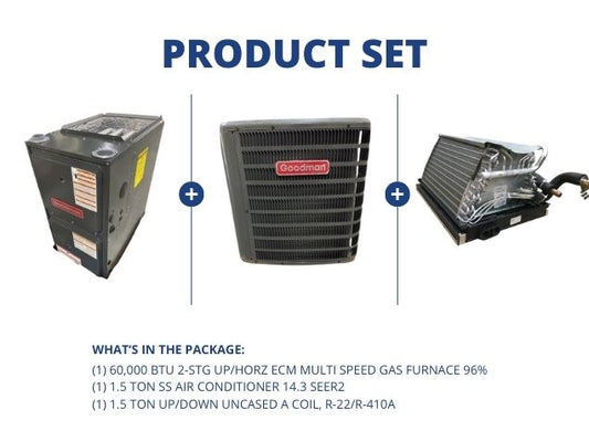 60,000 BTU 2-Stg Up/Horz Gas Furnace 96%, 1.5 Ton SS AC 14.3 SEER2 and 1.5 Ton Up/Down Uncased Coil