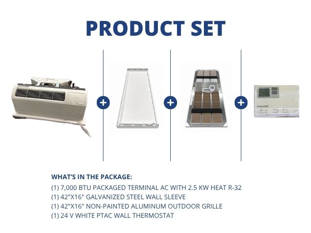 7,000 BTU Packaged Terminal AC with 2.5KW Heat R-32, Wall Sleeve, Aluminum Grille and 24V Thermostat