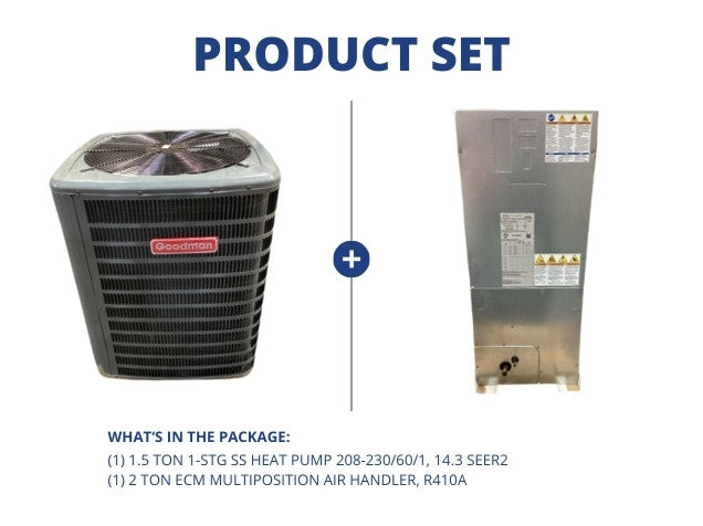 1.5 Ton 1-Stg SS Heat Pump 208-230/60/1, 14.3 SEER2 with 2 Ton ECM Multiposition Air Handler, R410A