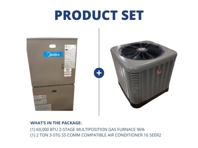60,000 BTU 2-Stg Multi Gas Furnace 96% and 2 Ton 3-Stg SS Comm Compatible Air Conditioner 16 SEER2