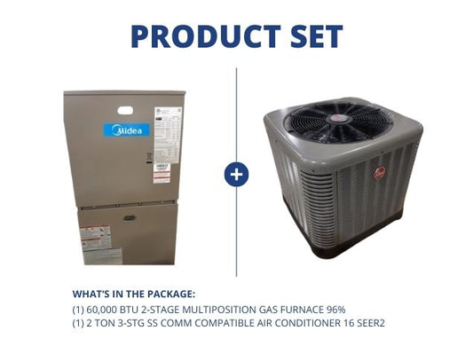 60,000 BTU 2-Stg Multi Gas Furnace 96% and 2 Ton 3-Stg SS Comm Compatible Air Conditioner 16 SEER2