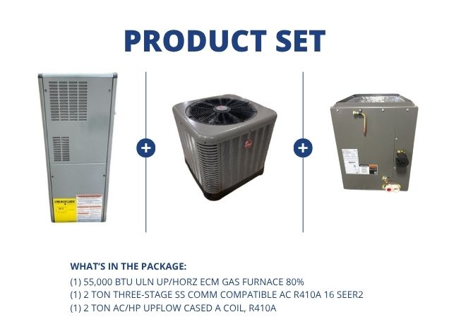 55,000 BTU ULN Up/Horz ECM Gas Furnace 80%, 2 Ton SS Comm Compatible AC 16 SEER2 and 2 Ton Up A Coil