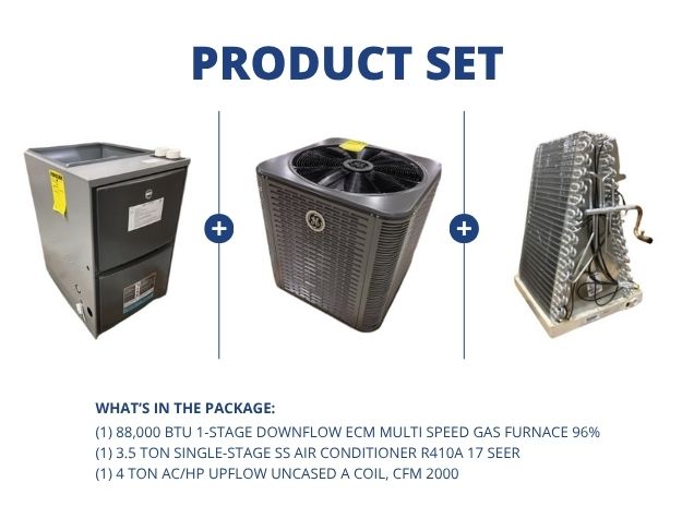 88,000 BTU 1-Stg Downflow ECM Gas Furnace 96%, 3.5 Ton AC R410A 17 SEER with 4 Ton Up Uncased A Coil