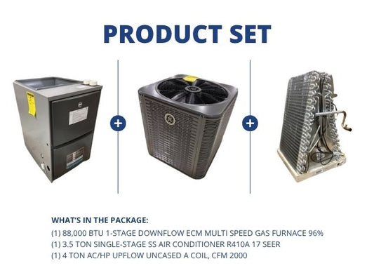 88,000 BTU 1-Stg Downflow ECM Gas Furnace 96%, 3.5 Ton AC R410A 17 SEER with 4 Ton Up Uncased A Coil