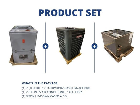 75,000 BTU 1-Stg Up/Horz Gas Furnace 80%, 2.5 Ton SS AC 14.3 SEER2 with 3 Ton Up/Down Cased A Coil