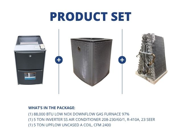 88,000 BTU Low NOx Down Gas Furnace 97%, 5 Ton Inverter AC R410A 23 SEER, 5 Ton Upflow Uncased Coil