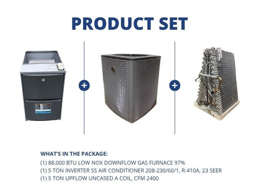 88,000 BTU Low NOx Down Gas Furnace 97%, 5 Ton Inverter AC R410A 23 SEER, 5 Ton Upflow Uncased Coil