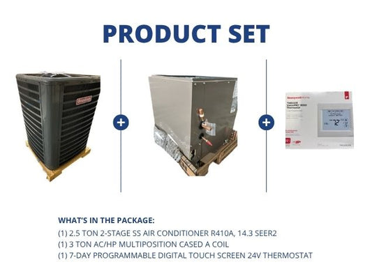 2.5 Ton SS Air Conditioner R410A, 14.3 SEER2, 3 Ton AC/HP Multiposition Cased A Coil with Thermostat