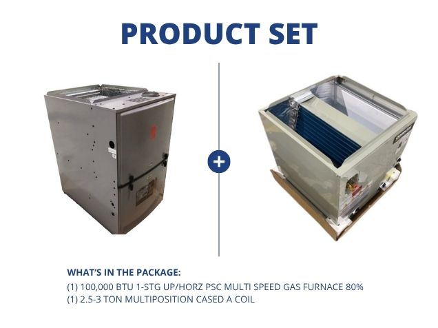 100,000 BTU 1-Stg Up/Horz ECM Multi Speed Gas Furnace 80% and 2.5-3 Ton Multiposition Cased A Coil