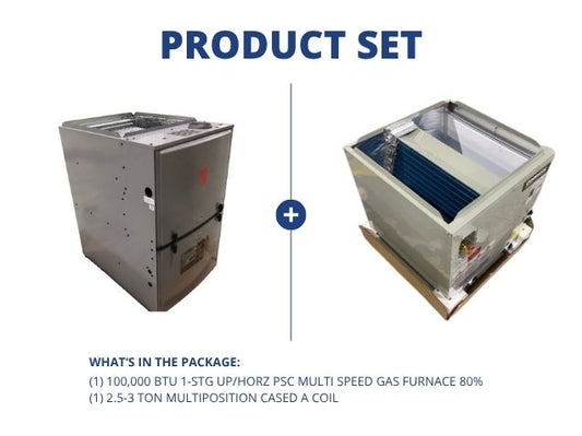 100,000 BTU 1-Stg Up/Horz ECM Multi Speed Gas Furnace 80% and 2.5-3 Ton Multiposition Cased A Coil