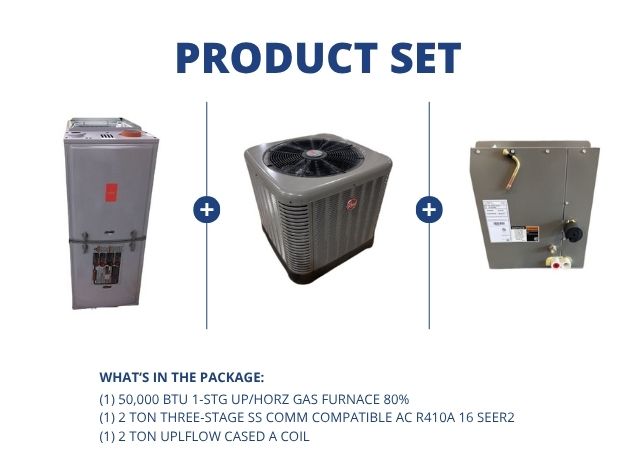 50,000 BTU 1-Stg Up/Horz Gas Furnace 80%, 2 Ton SS Comm Compatible AC 16 SEER2 with 2 Ton Up A Coil