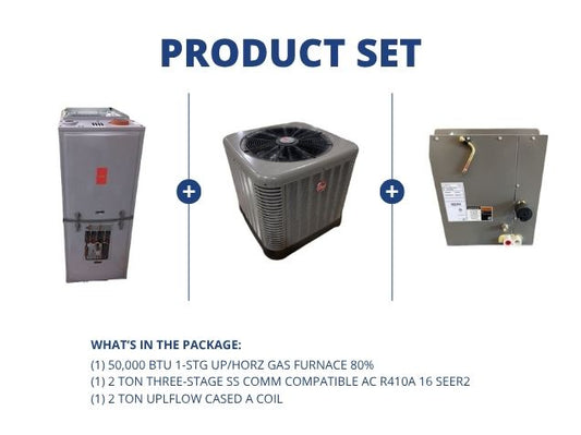 50,000 BTU 1-Stg Up/Horz Gas Furnace 80%, 2 Ton SS Comm Compatible AC 16 SEER2 with 2 Ton Up A Coil