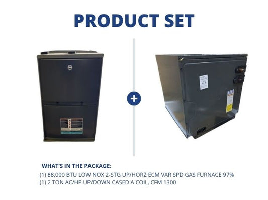 88,000 BTU Low NOx 2-Stg Up/Horz ECM Var Spd Gas Furnace 97% with 2 Ton AC/HP Up/Down Cased A Coil