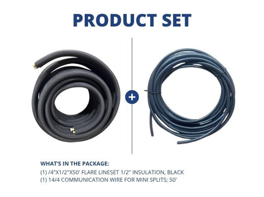 1/4"x1/2"x50' Flare Lineset 1/2" Insulation, Black with 14/4 Communication Wire for Mini Splits; 50'