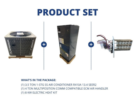 3.5 Ton 1-Stg SS AC R-410A 13.4 SEER2 and 4 Ton Multi Comm Compatible Air Handler with 8 kW Heat Kit