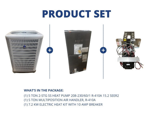 5 Ton 2-Stg SS HP R-410A 15.2 SEER2 and 5 Ton Multiposition Air Handler and 7.2 KW Heat with Breaker