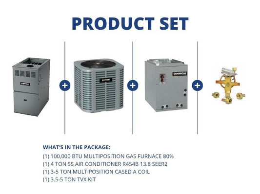 100,000 BTU Multi Gas Furnace 80%, 4 Ton SS AC R454B 13.8 SEER2, 3-5 Ton Multi Cased A Coil with TXV